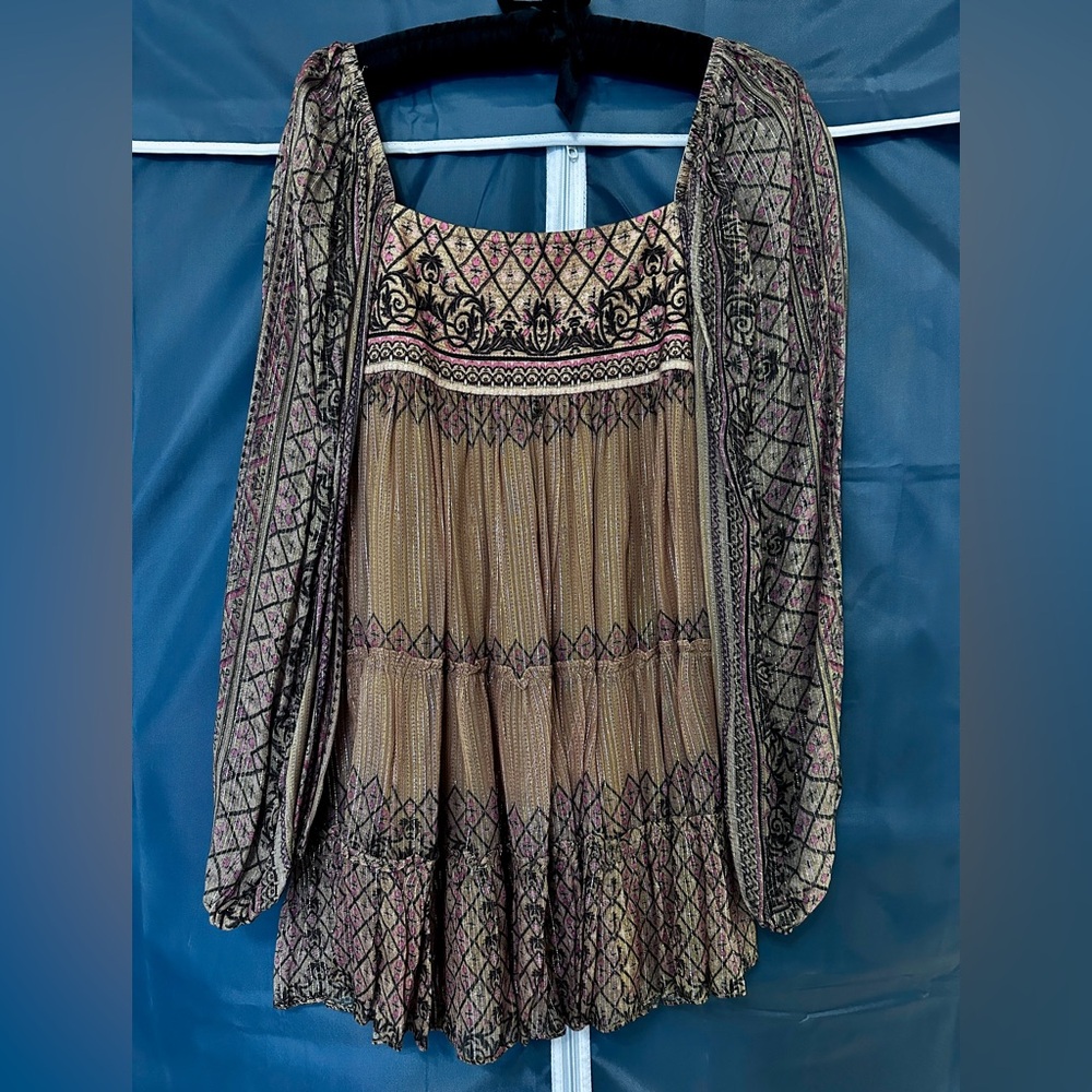 HEMANT & NANDITA Noor Tiered Mini Dress Boho Print Balloon Sleeve, Size S - Picture 7 of 11